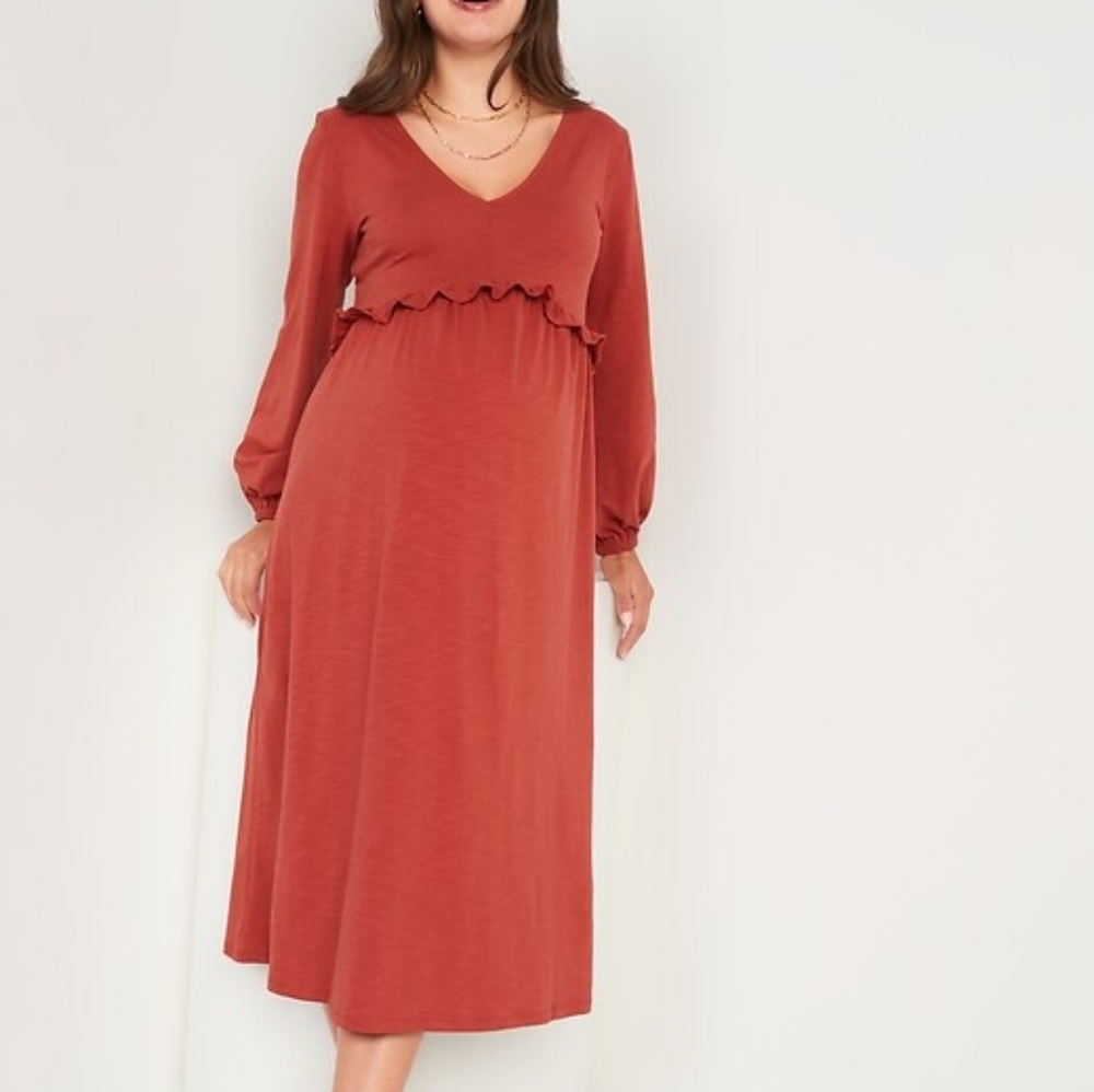 Maternity V-Neck Blouson-Sleeve Midi Swing Dress